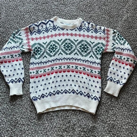 Fenwick Isles Tops - Vintage Penwick Isle Aran Sweater Mens M White Geometric Retro Eclectic Grandpa